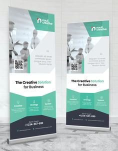 two roll up banners with the words creative solution for business