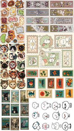 many different types of stamps and stickers on the same sheet, each with an image of