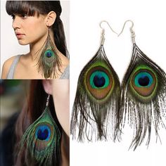 Women’s Large Peacock Feather Earrings Feather Earrings For Summer, Party Earrings In Peacock Color, Feather Diy, Peacock Feather Earrings, Large Silver Hoop Earrings, Peacock Earrings, Dangle Earrings Boho, Natural Women, Brand Jewelry