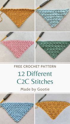 the crochet pattern for 12 different triangle afghans is shown in four different colors