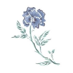 a drawing of a blue flower with green leaves