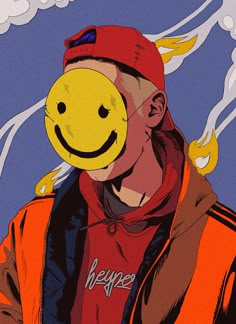 a drawing of a man with a smiley face on his head, wearing an orange jacket