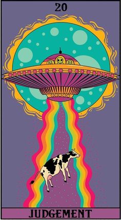 an image of a poster with a cow in front of a flying saucer on top of it