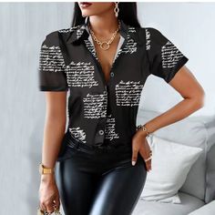 Summer Women Black Floral Print Top Shirt Fashion Casual Short Sleeve Turn-down Collar Tops Shirts New Elegant Slim Button Shirt Trendy Button-up Tops With Letter Print, Collared Black Blouse With Buttons, Black Collared Tops With Button Closure, Black Tops With Buttons And Casual Collar, Casual Black Collared Blouse, Fitted Black Shirt With Letter Print, Casual Office Shirt With Graphic Print, Trendy Black Top With Casual Collar, Casual Black Blouse With Button Closure