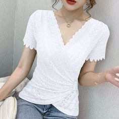 Casual V-neck Lace Top For Party, Elegant V-neck Lace Top For Daywear, Feminine V-neck Lace Top For Party, Cheap Chic Lace Top With V-neck, Summer Stretch Lace Top With V-neck, Ocean Outfits, Plus Size Summer Tops, Blouse Models, Plus Size Summer