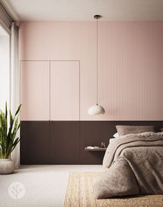 a bedroom with pink walls and carpeted flooring next to a bed in front of a window