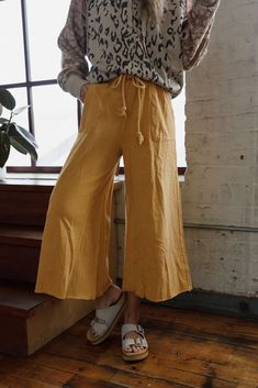 Relaxing Robin Wide Leg Pant - Mustard | Three Bird Nest Fall Wide Leg Pants With Drawstring And Relaxed Fit, Fall Relaxed Fit Pants With Frayed Hem, Cotton Wide Leg Pants With Drawstring For Fall, Spring Cotton Bottoms With Cropped Hem, Spring Cropped Hem Cotton Bottoms, Spring Cotton Cropped Hem Bottoms, Casual Cropped Hem Bottoms For Spring, Wide Leg Pants For Fall Vacation, Spring Wide Leg Cropped Lounge Pants