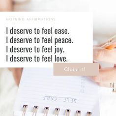 a woman holding a notepad with the words i observe to feel ease, i deserves to feel peace