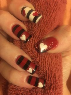 Black And Red Nails Design Ideas, Nails Red Black White, Emily The Strange Nails, Red Striped Nails, Black Nails With Hearts, Emo Valentines Nails, Black Red White Nails, Red White Black Nails, Black White And Red Nails