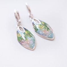 Lemon Tree Drop Enamel Earrings Cloisonne Enamel Sterling - Etsy Green Enamel Earrings With Artistic Design, Multicolor Teardrop Enamel Jewelry, Multicolor Enamel Teardrop Jewelry, Enamel Teardrop Jewelry With Matching Earrings, Silver Enamel Drop Earrings, Silver Painted Drop Earrings, Hand Painted Oval Enamel Jewelry, Silver Hand Painted Drop Earrings, Hand Painted Sterling Silver Dangle Jewelry