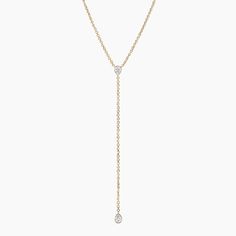 Pear Lab Diamond Bezel Lariat Necklace - 14K Yellow Gold. A chic classic, this lariat necklace features two bezel-set pear lab diamonds gracefully resting on a chain that can be adjusted to 18, 19, or 20 inches to suit individual preference (3/8 total carat weight). Classic Lariat Necklace With Delicate Chain, Classic Lariat Drop Necklace For Anniversary, Classic Teardrop Drop Necklace With Adjustable Chain, Classic Drop Necklace With Adjustable Chain, Elegant Yellow Gold Teardrop Lariat Necklace, Classic Diamond Lariat Necklace, Engagement Ring Style Guide, Ring Style Guide, Tacori Engagement Rings