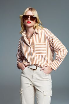 Q2 Striped Relaxed shirt With Contrasting Pocket in beige Oversized Chic Shirt For Spring, Chic Oversized Collared Blouse, Chic Oversized Cotton Blouse, Chic Beige Long Sleeve Shirt, Chic Shirt For Daywear With Relaxed Fit, Chic Relaxed Fit Shirt For Daywear, Chic Long Sleeve Beige Shirt, Chic Brown Tops For Daywear, Oversized Chic Collared Shirt