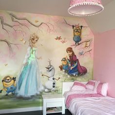 a bedroom with a bed and wall mural