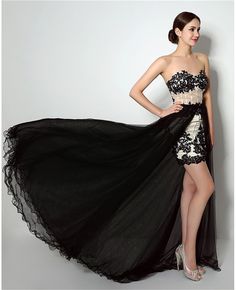 Black Prom Dress With Long Train, Black Evening Dress With Detachable Train, Black Dress With Long Train For Prom, Fitted Black Dress With Long Train, Black Fitted Dress With Long Train, Black Long Train Dress For Prom, Black Dress With Long Train For Prom Season, Black Strapless Dress With Sweep Train, Fitted Black Dress With Detachable Train