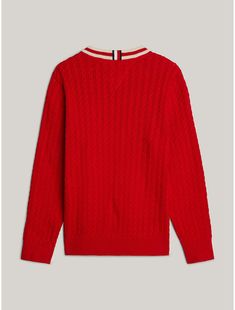 Tommy Hilfiger boys' sweater. This pure cotton sweater is a timeless choice for chilly days, thanks to its classic cable knit design and contrast detailing. Part of our Adaptive Collection, designed for ease of dressing in classic Tommy style.  Material: 100% Transitional Cotton ,  In-conversion. Classic Red Sweater With Ribbed Collar, Classic Crew Neck Cable Knit Cardigan, Red Cotton Cable Knit Sweater, Red Cable Knit Cotton Sweater, Tommy Hilfiger Classic Crew Neck Sweater, Tommy Hilfiger Classic Winter Sweater, Preppy Winter Sweater With Ribbed Collar, Winter Preppy Tops With Ribbed Cuffs, Knit Crewneck