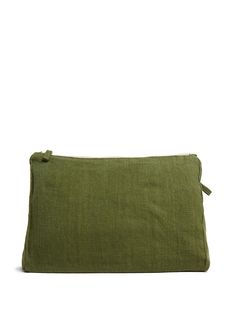 Khaki-green linen zip-up linen pouch from Once Milano featuring top zip fastening, gold-tone hardware and internal pocket. POSITIVELY CONSCIOUS: At least 50% of the main material of this product meets our conscious criteria. For example, it's either organic, recycled, upcycled or independently recognised as being better for the environment (such as linen, ramie, TENCEL™ etc.).. | ONCE MILANO Zip-Up Linen Pouch Linen Pouch, Demi Fine Jewelry, Make Up Bag, Toiletry Bags, Fine Earrings, Ballet Flat Shoes, Clutch Wallet, Travel Accessories, Zip Up