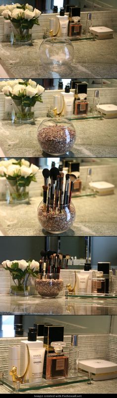 four different shots of various beauty products on display in front of a mirror with flowers