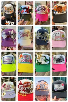 Be the envy of all your friends when you wear your custom Trucker Hat. By answering the questions on the below linked form, we will be able to customize a hat just for you. We will work with you via text to find the perfect style for you. Custom hats usually ship out within 1 week of payment, however, we strive to get Hat Bar Birthday Party, Customized Trucker Hats, Sports Trucker Hat Ideas, Trucker Hat Party Ideas, Hat Patches Ideas, Trucker Hat Inspo Patches, Hat Bar Price List, Black Trucker Hat With Patches, Cute Trucker Hats With Patches