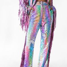 Such Fun Pants For The Right Event Or Costume. Nwt. Smoke-Free Home. *I Wore These Pants In A Size 8 For Halloween This Year For Reference* Sequence Outfits, Fabric Outfits, Sequin Joggers, Harry Styles Outfits, Sparkly Pants, Create Capsule Wardrobe, Fem Outfits, Sequin Flare Pants, Rainbow Pants