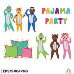 Pajama Day Party ClipartAnimal clipart pajamas set includes 6 kids boys and girls wearing unicorn, dinosaur, bear, rabbit, tiger, penguin pajamas.Children in kigurumi are perfect for decorating a pajama party. Ideal for banners, posters, postcards, scribbles, Tshirts and can be used on a variety of graphic products.To contact me and tag the use of my products on Instagram @anka.drozd. I would love to see your feedback. They mean a lot to me. They help me create better and better products.Thank y Pajama Party Kids, Nursery Games, Penguin Pajamas, Unicorn Dinosaur, Childrens Pyjamas, Animal Pajamas, Pajama Day, Party Clipart, Kids Clipart