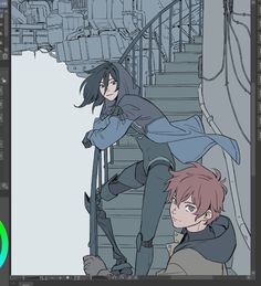 two anime characters are standing on the stairs