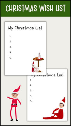 a christmas wish list with an elf sitting on the floor and another elf standing next to it