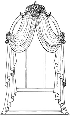 a drawing of a window with curtains and flowers on the top, in black and white