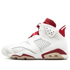 The Air Jordan 6 Retro is a classic sneaker with a modern twist. This 2017 retro features a white and light grey perforated nubuck leather base, with "Gym Red" accents throughout. The shoe also includes 1991 stitched on the inner tongue, and Jumpman branding on the tongue, lace overlay, and heel section. This sneaker is perfect for anyone who wants a stylish, comfortable, and versatile sneaker. With its clean lines and simple colorway, the Air Jordan 6 Retro can be worn with any outfit. (AJ6/SNKR) High-top Jordan Shoes With Perforated Toe Box For Streetwear, Mid-top Leather Jordan Shoes With Perforations, Mid-top Jordan Shoes With Perforations For Streetwear, White Low-top Custom Sneakers With Perforated Toe Box, White Leather High-top Sneakers With Boost Midsole, White Leather High-top Sneakers With Perforations, White Basketball Shoes With Gum Sole For Light Sports, Modern White Sneakers With Boost Midsole, White Leather Basketball Shoes For Streetwear