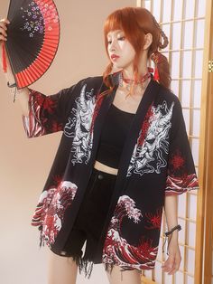 Black Casual Collar Three Quarter Length Sleeve Fabric Graphic Top Embellished Slight Stretch  Women Clothing Sushi Outfit, Bosozoku Fashion, Naruto Clothing, Estilo Harajuku, Open Front Kimono, Mode Kimono, Black Kimono, Short Kimono, J Fashion