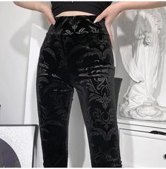 Black Floral Patchwork Velvet High-Waist Skinny Pants Gothic Goddess, Black Fitted Dress, Gothic Pants, Goth Clothes, Whimsy Goth, Velvet Flares, Fitted Dress Pants, Harajuku Streetwear, Velvet Leggings