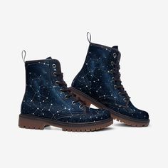 Rubber sole Faux Leather Padded collar for added comfort Lace-up front Wide Fit Galaxy Boots, Festival Boots, Custom Painted Shoes, Navy Boots, Leather Work Boots, Vegan Leather Boots, Fortune Teller, Custom Painted, Motorcycle Boots