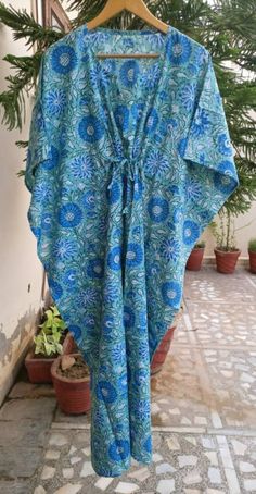 "These Kaftan we make from pure cotton Cambric Handblock print fabric. Handblock print gives it very unique look Size= Length 52\" Free size in chest . ." Traditional Cotton Kaftan For The Beach, Blue Cotton Kimono For Beach Cover-up, Bohemian Blue Sleepwear For Vacation, Blue Bohemian Sleepwear For Vacation, Blue Cotton Kaftan For Loungewear, Blue Cotton Kaftan For The Beach, Blue Cotton Kaftan For Vacation, Blue Free Size Cotton Kaftan, Blue Cotton Kaftan In Free Size