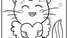 a coloring page with a cat holding a heart