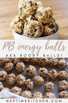 a bowl filled with oatmeal energy balls on top of a table