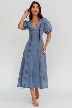 Shop the Morgane Puff Sleeve V-Neck Midi Dress Light Denim Blue | Selfie Leslie Yellow Bridesmaid Dresses, Yellow Bridesmaids, Denim Midi Dress, Midi Denim, Farmers Markets, V Neck Midi Dress, Lace Bodycon Dress, Iron Material, Date Night Dresses