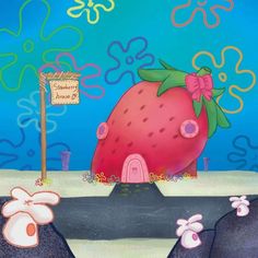 an image of a cartoon strawberry with a sign