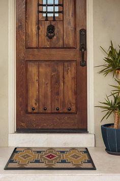 a wooden door with two potted plants next to it and a rug on the ground