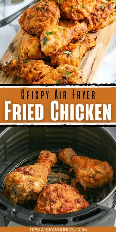 crispy air fryer fried chicken in an air fryer with text overlay