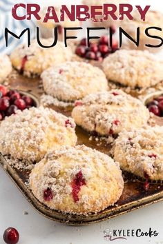 cranberry muffins with powdered sugar on a baking tray next to fresh cranberries