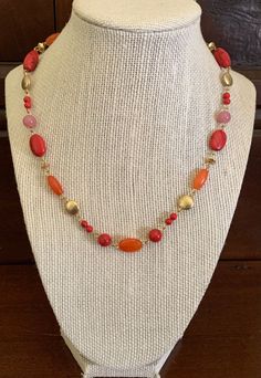 Disk Necklace, Disc Necklace, Pink Beads, Chain Styles, Beaded Necklaces, Orange Red, Necklace Lengths, Beaded Jewelry, Gold Tones