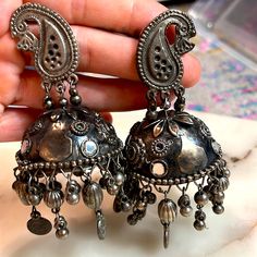 Nwt Huge Gorgeous Mirror Work Oxidized Jhumka Earring Perfect For Traditional Outfits Or For A Pop Of Bohemian Flair For Any Fit Handmade Silver Metal Jhumkas, Silver Fusion Style Metal Danglers, Silver Metal Fusion Danglers, Silver Fusion Danglers Made Of Metal, Silver Metal Jhumkas With Latkans, Silver Fusion Style Metal Jhumkas, Silver Metal Fusion Jhumkas, Silver Metal Fusion Style Jhumkas, Silver Fusion Style Jhumkas With Latkans