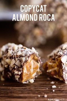 chocolate caramel almond roca on a wooden table