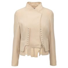 This Givenchy Wool Jacket is expertly crafted with a wool and elastane blend, providing both style and comfort. The high pointed collar and unique hem add a touch of sophistication, while the eyelets on the front offer a subtle yet eye-catching detail. Complete with a snap button closure and cupro lining. Shoulder:36;Sleeve:66;Bust:50;Waist:44;Length:54 Material: 95% Wool 5% Elastane Dolce Gabbana Jacket, Fur Leather Jacket, Fur Parka, White Jacket, Dark Brown Leather, Silk Velvet, Green Fabric, Wool Jacket, Blazer Coat