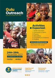 a flyer for an event with children in the background and text that reads gulu outreach