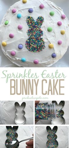 an easter bunny cake with sprinkles on it and the words, bunny cake