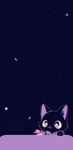 a black cat sitting on top of a bed under a night sky filled with stars