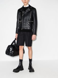 Black lambskin leather biker jacket from Alexander McQueen featuring notched collar, off-centre front zip fastening, long sleeves, two zip-fastening chest pockets, two side zip-fastening pockets, cuff zips and straight hem. | Alexander McQueen Leather Biker Jacket Silver Leather Jacket, Black Alexander Mcqueen, All Black Fashion, Black Leather Biker Jacket, Biker Men, Alexander Mcqueen Men, Leather Jacket Black, Leather Biker Jacket, Notched Collar