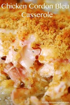 a close up view of a casserole dish with ham and cheese on it