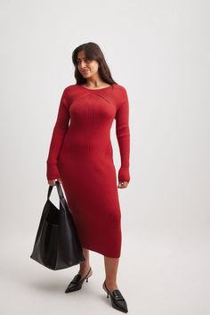 This midi dress features a form fit and a stretchy material. It has a ribbed soft knit and a round neck. Our midi dress features long sleeves. Red Midi Dress, Knitted Dress, Dress Red, Soft Knits, Stretchy Material, Round Neck, Midi Dress, Long Sleeves, Wardrobe