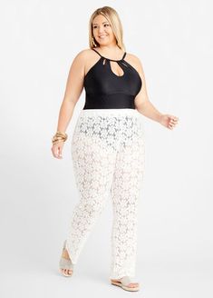 You'll look sheerly stunning in these floral plus size cover-up pants, a chic lace design that adds a beautiful bohemian vibe to any beach look. Plus Size Cover Up, Pants Details, Ashley Stewart, Swim Cover, Line Store, Beach Look, Lace Design, Personal Marketing, Floral Lace